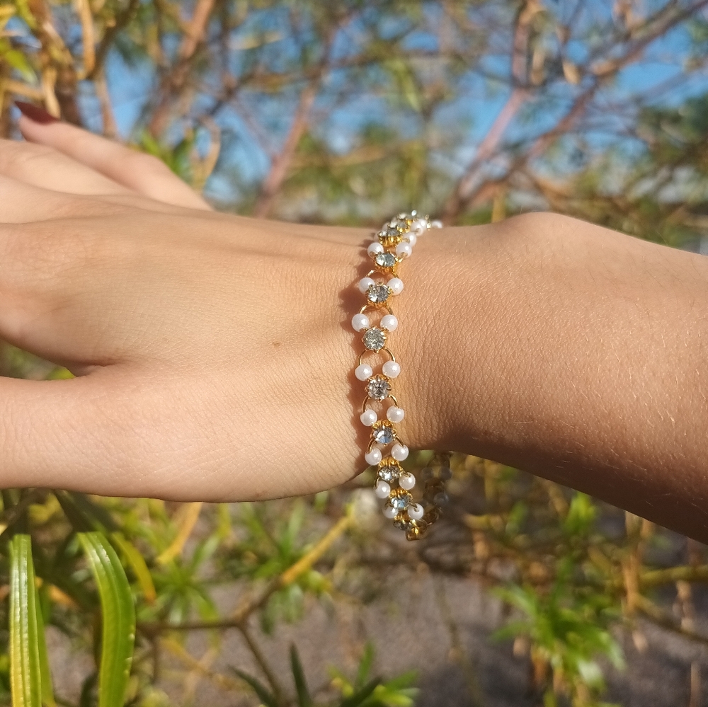 Elegant Gold Tone CZ and Pearl Bracelet - Picture 3 of 5